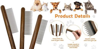 3-Pack Wood Cat & Pet Grooming Combs: Stainless Steel Teeth
