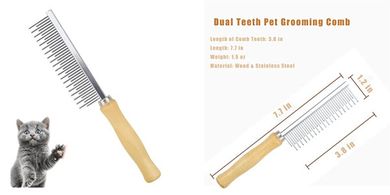 Dual-Tooth Stainless Steel Pet Grooming Comb with Wooden Handle
