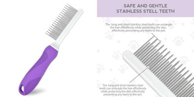 Purple Pet Detangling Comb: Long & Short Steel Teeth
