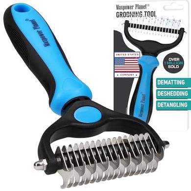 Maxpower Planet Pet Deshedding Rake: Double-sided tool for dogs & cats.
