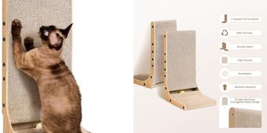 Large L-Shaped Cardboard Cat Scratcher with Ball Toy
