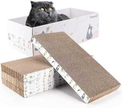 PatiencET Cat Scratcher: 4-pack reversible pads with catnip box bed.
