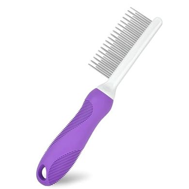 Purple Pet Detangling Comb: Long & Short Steel Teeth for Shiny Coats
