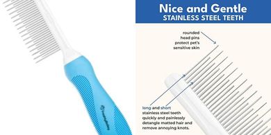 Pet Detangler Comb: Removes & Prevents Matted Fur in Long/Curly Hair
