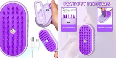 Purple 3-in-1 Cat Steam Brush: Massage, Clean, & De-shed
